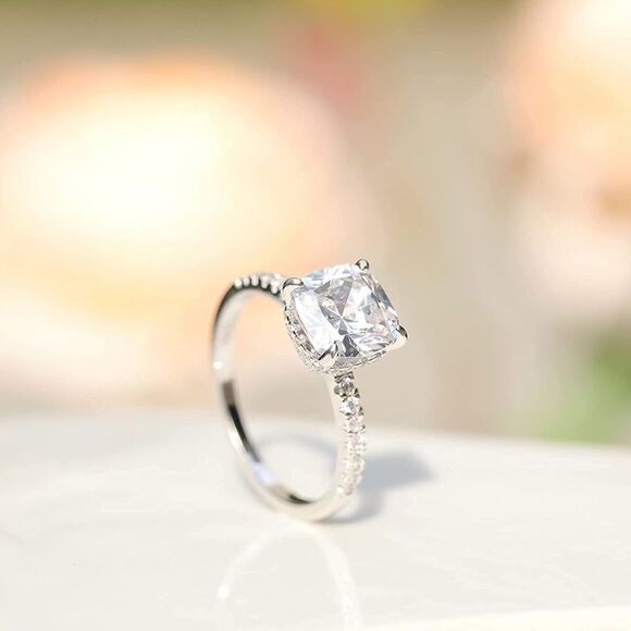 NEW! 18K White Gold Plated 5 Carat Cushion-Cut Solitaire Diamond Engagement Ring - Picture 9 of 9
